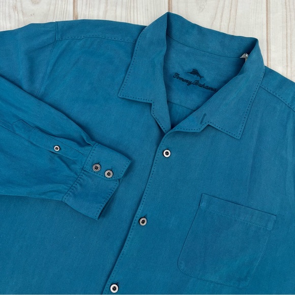 Tommy Bahama Catalina Twill Long Sleeve 100% Silk Button Up Shirt Blue Sz XXL